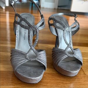 Adrianna Papell Silver Rhinestone T-Strap Platform Heels